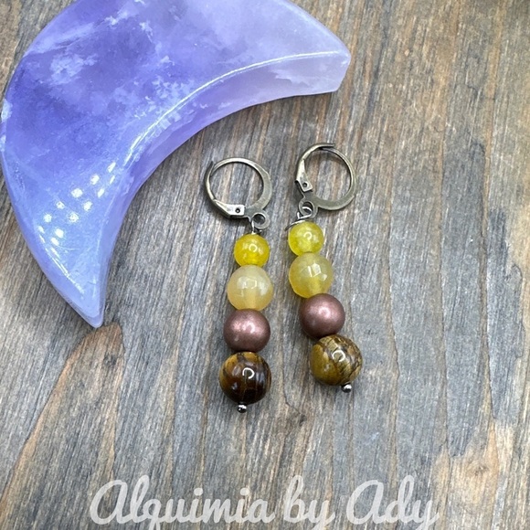 Alquimia Jewelry - Tiger’s eye and bright yellow agate dangle bon bon earrings/brass /colorful